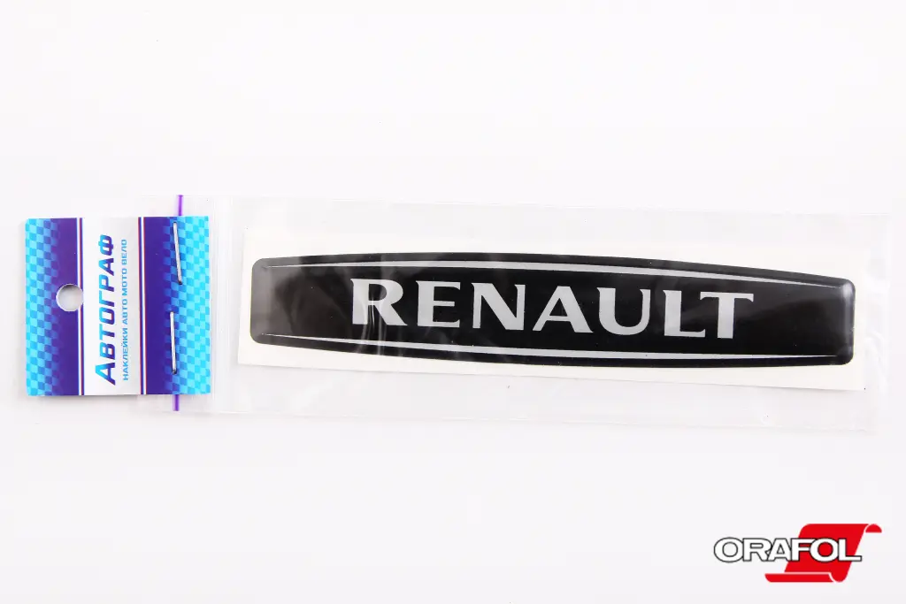 наклейка Эмблема силикон Renault черный фон, серебр. 2*12см 
